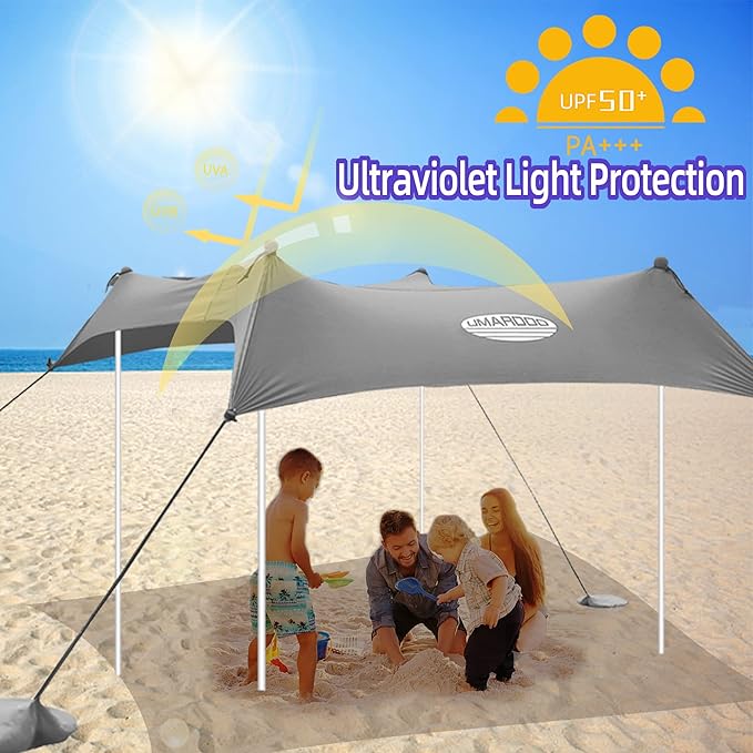 UMARDOO Family Beach Tent Canopy Sun Shade Portable 7×7FT, Large Wind Resistance Beach Sun Shelter Easy Setup with Packable Carry Bag for Outdoor Travel UPF 50+(Gray)