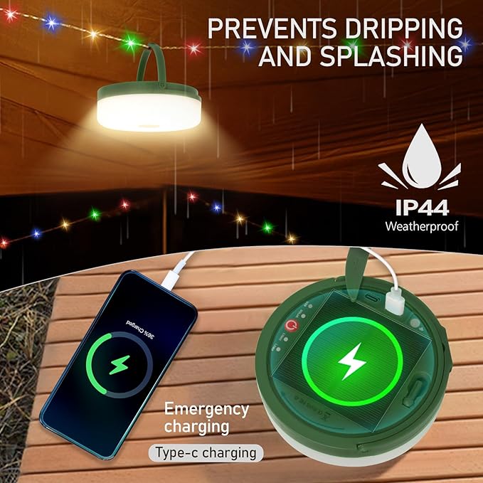 Camping String Lights,Solar Rechargeable Portable Outdoor LED String Light with Remote Control(39.4 Ft Multicolored Lights),Yard Tent Hanging Garden Party Festival Deco String Lights
