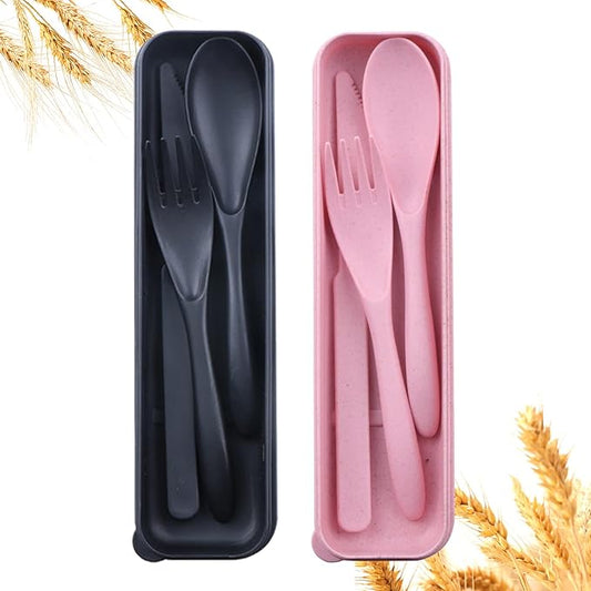Reusable Travel Utensils Set with Case, 2 Sets Wheat Straw Portable Knife Fork Spoons Tableware, Eco-Friendly BPA Free Plastic Cutlery Travel Picnic Camping Utensils for Kids Adults Daily Use