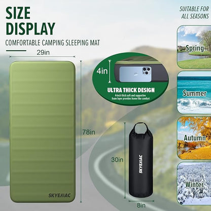 SKYEMAC Self-Inflating Memory Foam Sleeping Pad - Single Pad, Built-in Pump, R-Value 13, 78''x29''x4'', Fast Inflation & Deflation, 4-Season Camping Mattress for Outdoor Adventures