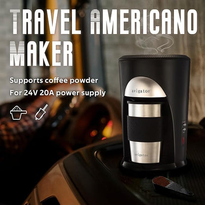 Portable Coffee Maker for Travel Camping Car, Ground Coffee Machine Single Serve with 10 oz Travel Mug for Traveling, RV, Office, Home and Dorm, 24V, Black