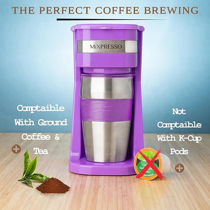 Mixpresso Personal Single-Serve Coffee Maker & 14oz Travel Mug, Drip Coffee Brewer & Tumbler, Auto Shut Off & Reusable Filter, Purple Coffee Maker Compatible with Coffee Grounds
