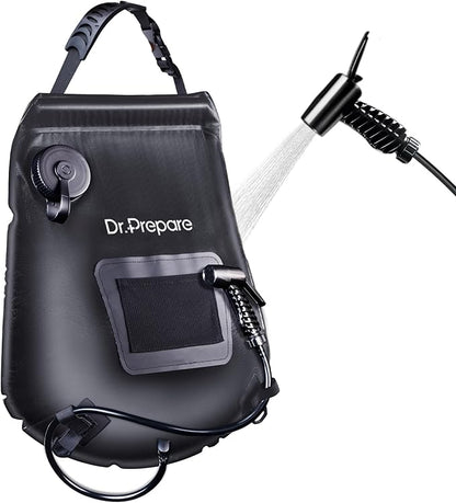 DR.PREPARE Camping Shower Bag, 15L Solar Camp Showers for Travelling Hiking Trip Beach w/On-Off Switchable Shower Head