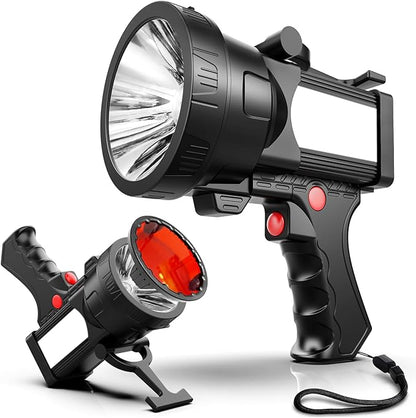 BIGSUN Q984 Rechargeable Spotlight, High Lumens 1200,000 LED Flashlight with Multifunctional Floodlamp, Built-in 14400mAh Battery Pack, Outdoor Handheld spot Light, for Farm, Hunting,Camping, Car,Boat