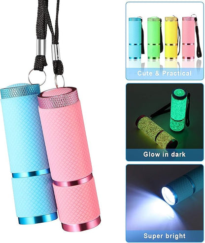 8 Pieces Glow in Dark Flashlights 9 LED Rubber Coated Flashlights with Handle Mini Torch LED Fluorescent Flashlight Aluminum Portable Handy Flashlight for Party Hiking Camping in 4 Colors