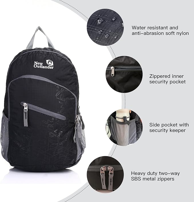 Outlander Packable Handy Lightweight Travel Hiking Backpack Daypack-Black-L