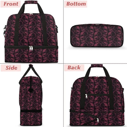 Halloween Spooky Skull Foldable Travel Duffel Bag Tote Carry On Luggage Sports Gym Bag With Shoe Compartment For Woman Man Overnight Weekend Yoga Workout Bag Training Handbag