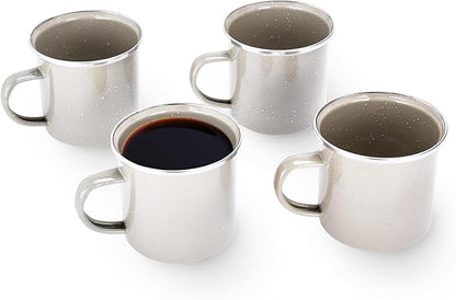Libken Camping Mugs Enamel - 3x5x3-Inch Hot and Cold Beverage Coffee Mug - Set of 4 Enameled Steel Cups - Versatile Enamel Mugs with Comfortable Handle for Camping or Cozy Morning at Home - Beige
