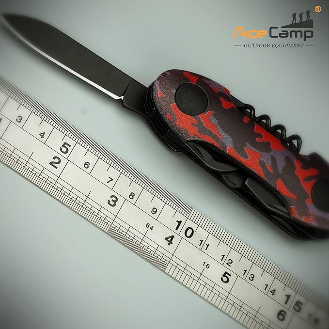 14-in-1 pocket multi-tool, camo stainless steel tool with blade, scissors, corkscrew, serrated, screwdriver, outdoor, fishing, hiking, camping Red