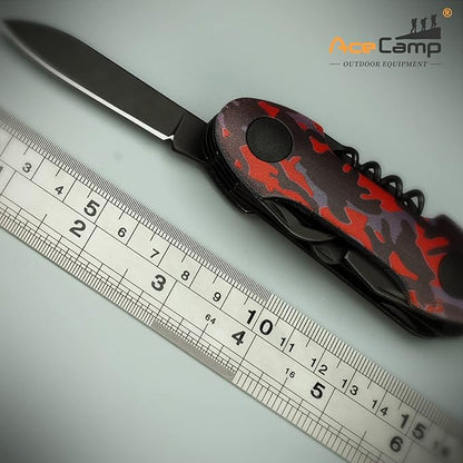14-in-1 pocket multi-tool, camo stainless steel tool with blade, scissors, corkscrew, serrated, screwdriver, outdoor, fishing, hiking, camping Green
