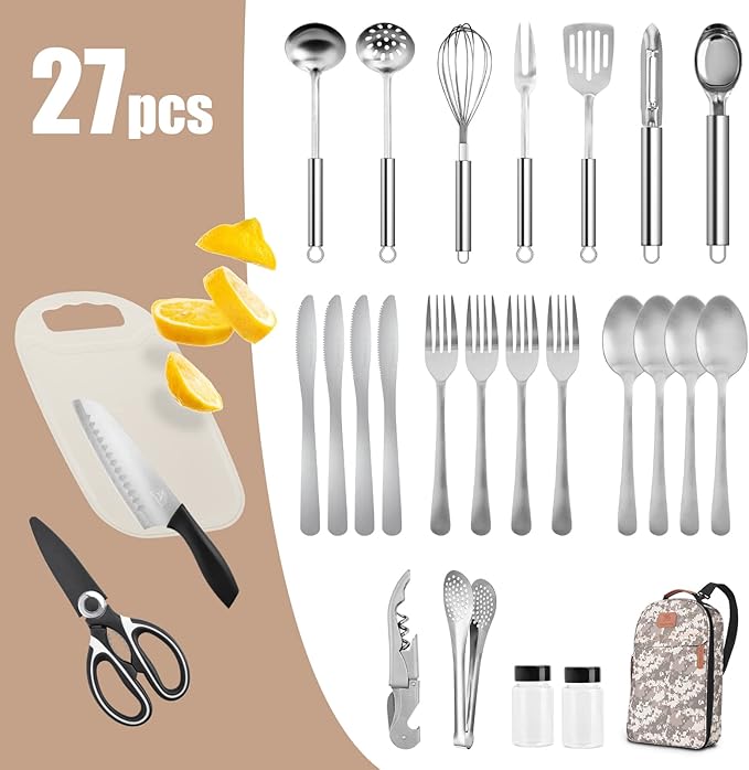 Extremus 27 Pcs Camp Kitchen Cooking Utensil Set Cookware Kit - Travel Organizer Grill Accessories Portable Compact Gear for Backpacking BBQ Camping Travel,Camping Accessories,Earth Digi Camo