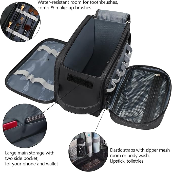 Buruis Extra Large Toiletry Bag for Men, Travel Toiletry Organizer Dopp Kit Water-resistant Shaving Bags, PU Leather Cosmetic Bathroom Shower Bag for Toiletries, Grooming, Accessories (Black)