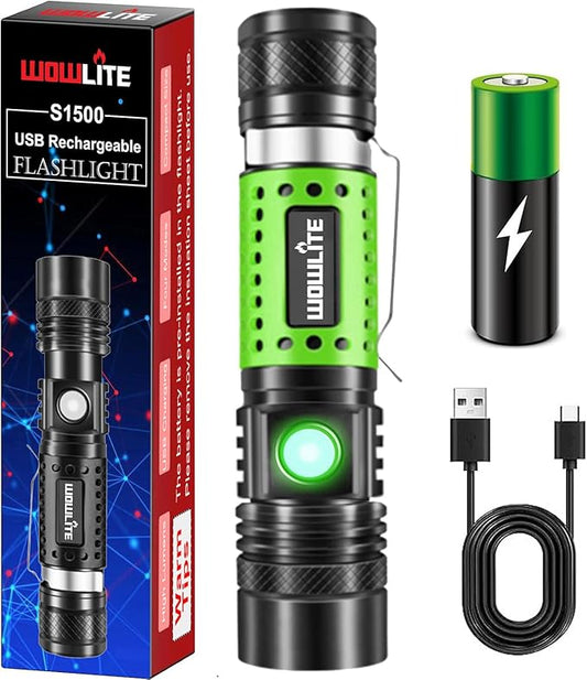 wowlite Flashlight Rechargeable, Super Bright LED Flashlights with Adjustable Brightness, Zoomable High Lumens Small Flash Light, Long Lasting for Outdoor Camping Home Emergency (Green)