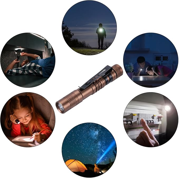 PATIKIL Mini Flashlight with Clip, Super Light Small LED Pen Flashlights Aluminum White Light Torch Battery Powered for Camping Hiking, Brown