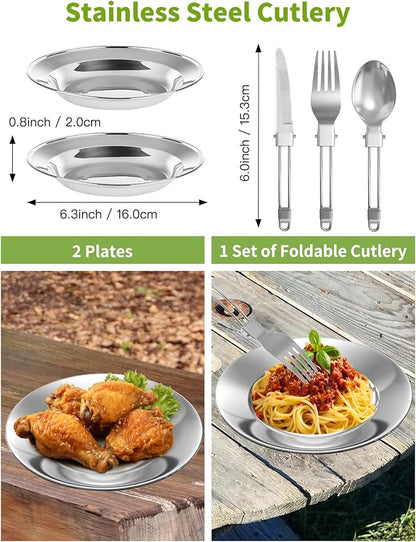16pcs Camping Cookware, Backpacking Compact Camping Cooking Set Camping Pot with Stainless Steel Cups Plates Forks Knives Spoons, Camping Pots and Pans Set for Backpacking, Outdoor Cooking