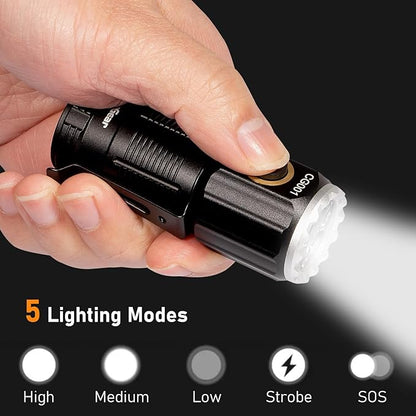 Small LED Rechargeable Flashlight, 1800 Lumens High Lumens Super Bright Mini EDC Flash Light for Camping Hiking Working and Home Use, Battery Included