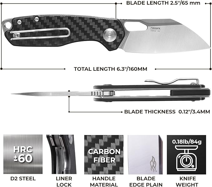 Firebird GANZO FH924-CF Ball Bearing Pocket Folding Knife Wharncliffe D2 Steel Blade G10 Anti-Slip Handle with Clip Camping Hunting Fishing Folder Outdoor EDC Pocket Knife (Carbon Fiber Black)