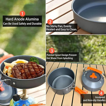 12pcs Camping Cooking Set, Camping Pots and Pans Set with Kettle Compass Hook Flint Plastic Bowls and Soup Spoon for Camping, Backpacking, Hiking, Outdoor Cooking and Picnic