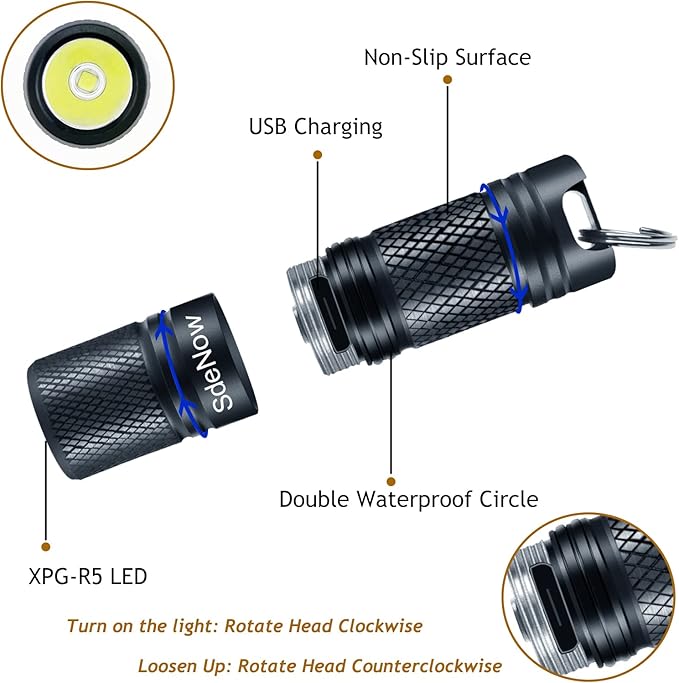 SdeNow Mini Flashlight Keychain with Micro USB Rechargeable Tiny Flashlight Brightness can Achieve up to 200 lumens for EDC Torch