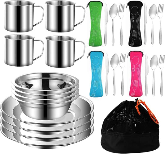 Outdoor Camping Mess Kit, Stainless Steel Tableware Mess Kit includes Plate Bowl Cup Spoon Fork Knife in Mesh Bags for Camping Backpacking & Hiking for 4 Person