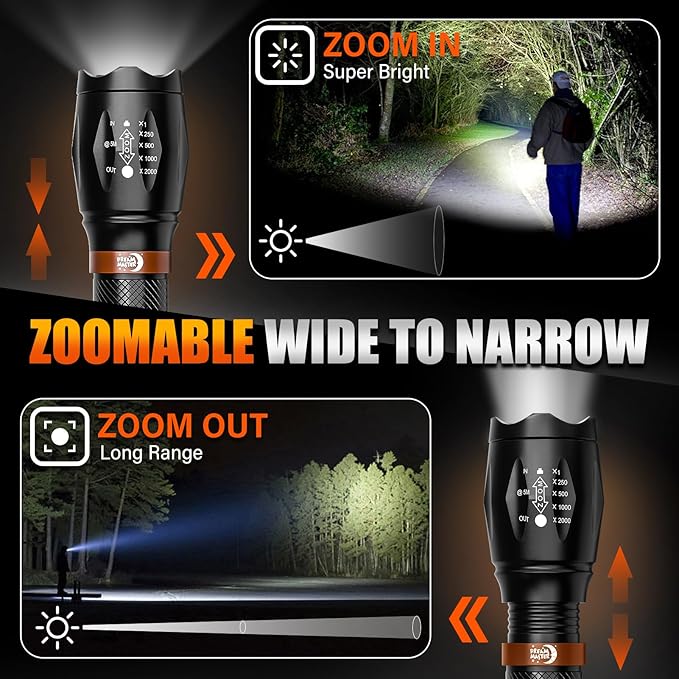 2 Pack LED Flashlights High Lumens with 6 AAA Batteries, 5 Modes Mini Waterproof Tactical Flashlight for Camping Hiking, Bright Flashlight with Zoomable, Fathers Day Dad Gifts for Him, Black & Coppery