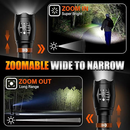 2 Pack LED Flashlights High Lumens with 6 AAA Batteries, 5 Modes Mini Waterproof Tactical Flashlight for Camping Hiking, Bright Flashlight with Zoomable, Fathers Day Dad Gifts for Him, Black & Coppery