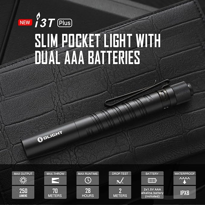 OLIGHT I3T Plus 250 Lumens EDC Pocket Slim Flashlight with 2 AAA Batteries and a PMMA Optic Lens, Tail-switch LED Flashlight with Dual Direction Pocket Clip for Camping, Outdoor, and Emergency (Black)