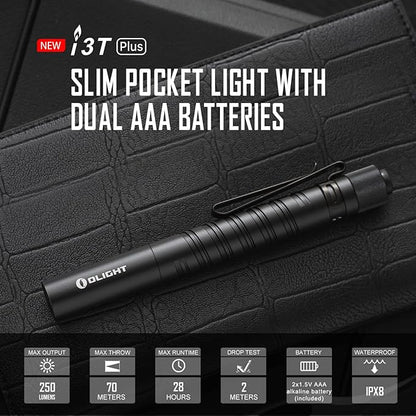 OLIGHT I3T Plus 250 Lumens EDC Pocket Slim Flashlight with 2 AAA Batteries and a PMMA Optic Lens, Tail-switch LED Flashlight with Dual Direction Pocket Clip for Camping, Outdoor, and Emergency (Black)