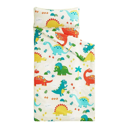 Wake In Cloud - Toddler Nap Mat with Pillow and Blanket, 100% Cotton Fabric, for Kids Boys Girls in Daycare Kindergarten Preschool, Roll Up Sleeping Bag, Dinosaur Cream, Extra Long