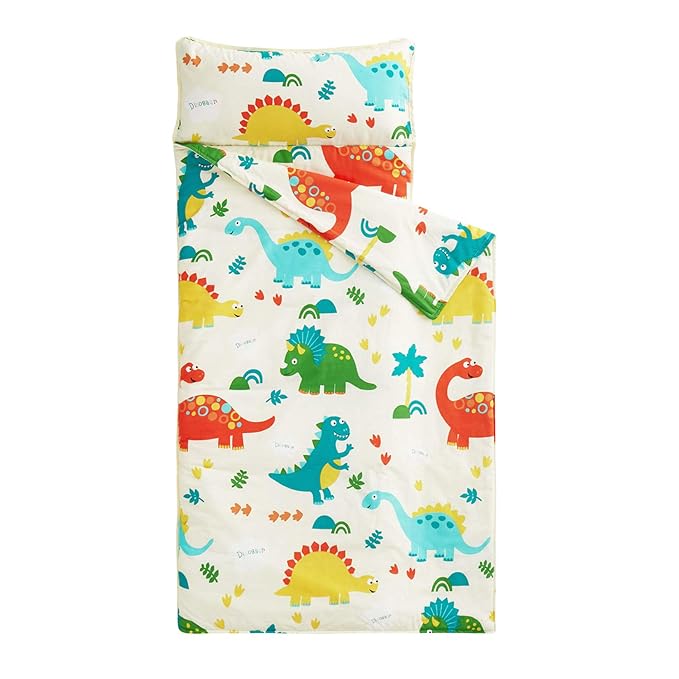 Wake In Cloud - Toddler Nap Mat with Pillow and Blanket, 100% Cotton Fabric, for Kids Boys Girls in Daycare Kindergarten Preschool, Roll Up Sleeping Bag, Dinosaur Cream, Standard
