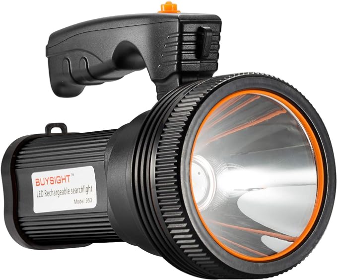 BUYSIGHT Rechargeable Spotlight Flashlight 120000 Lumens Handheld Spot Light LED Flashlight with Handl Ultra-Long Standby Electric Torch with USB Output （Classic Black）