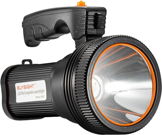 BUYSIGHT Rechargeable Spotlight Flashlight 120000 Lumens Handheld Spot Light LED Flashlight with Handl Ultra-Long Standby Electric Torch with USB Output （Classic Black）