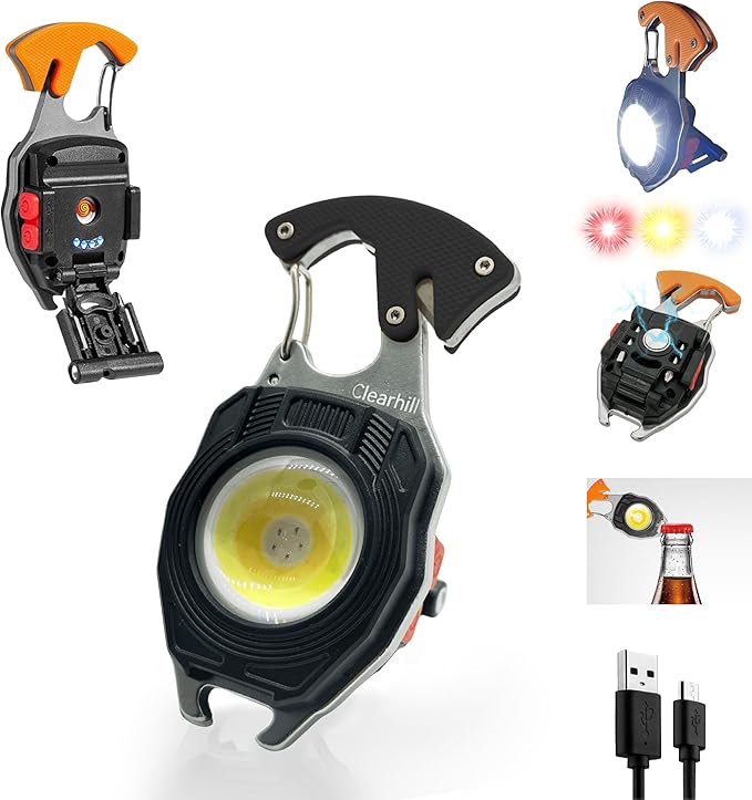 Multifunctional COB Mini Keychain Flashlights,7 Light Modes,LED Rechargeable Small Torch with Screwdriver,Bottle Opener,Lighter etc. for Outdoor Camping Hiking(Black)