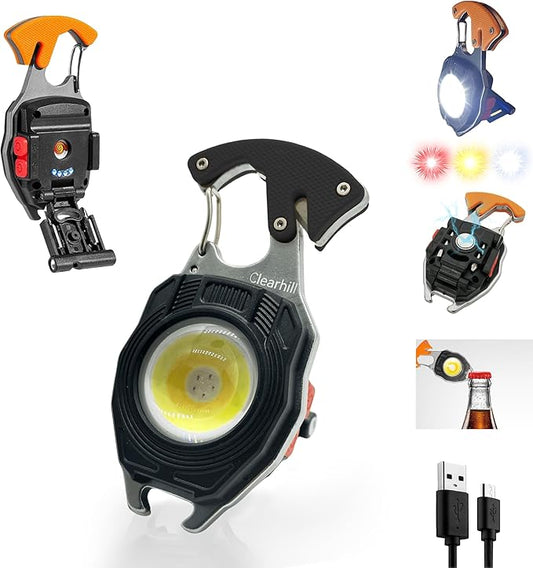 Multifunctional COB Mini Keychain Flashlights,7 Light Modes,LED Rechargeable Small Torch with Screwdriver,Bottle Opener,Lighter etc. for Outdoor Camping Hiking(Black)