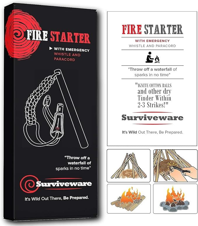 Surviveware Survival Fire Starter with Emergency Whistle, Paracord Handle, and Steel Serrated Scraper