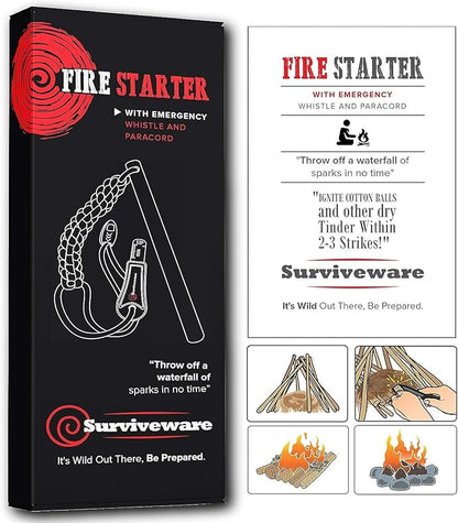 Surviveware Survival Fire Starter with Emergency Whistle, Paracord Handle, and Steel Serrated Scraper