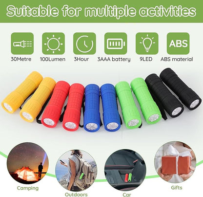 10Pack Mini Flashlights Set, 9-LED Small Flashlight for Kids, 5 Colors, with Lanyard and 30 AAA Batteries Included, Perfect for Night Reading Party Camping Hunting Emergency