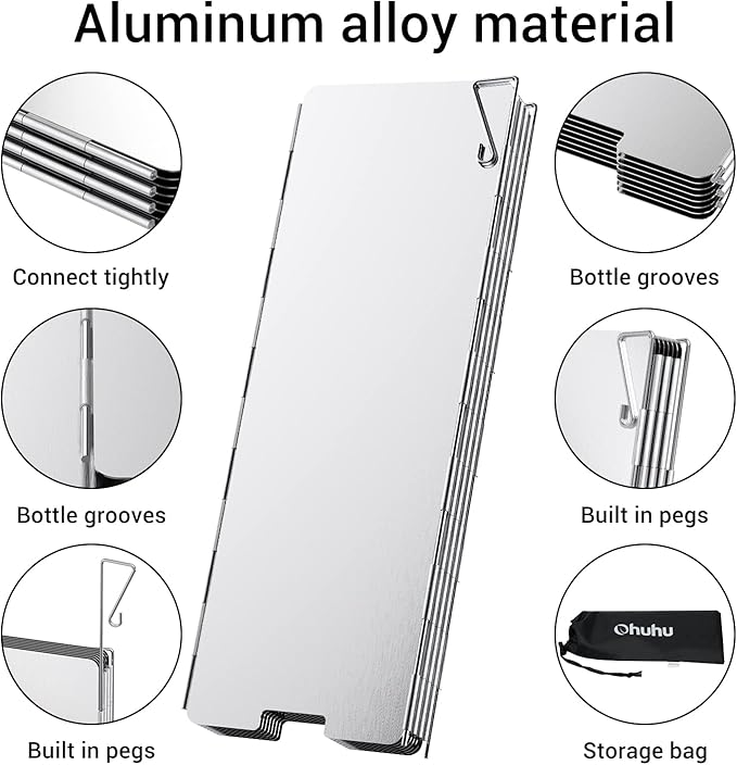 Camping Stove Windscreen, Ohuhu Camp Stove Windscreen 8/10/12 Plates Aluminum Folding Portable Camping Stove Windshield Burner Stove with Carry Bag for Camping Picnic Backpacking Cooking