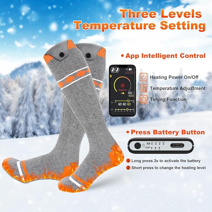 Heated Socks for Men Women,5000mAh Rechargeable Foot Warmer Electric Heating Socks with 3 Heating Settings & App Remote Control Thermal Electric Socks,Warm Socks for Hunting Skiing Camping Hiking
