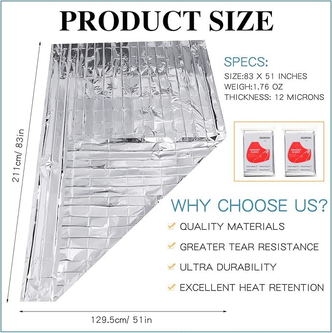 Macarrie 100 Pack Emergency Thermal Blankets Silver Foil Survival Blanket Space Blanket Survival Kit for Outdoors, Camping, Hiking, Homeless, Survival or First Aid (Silver)