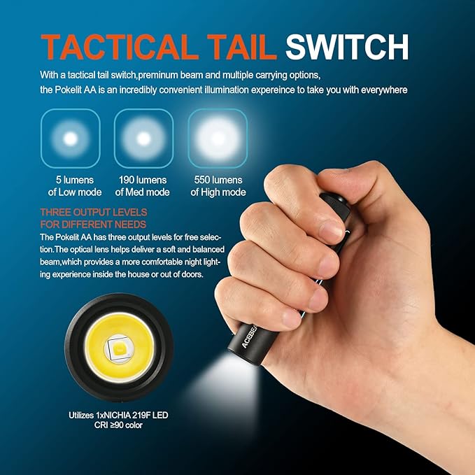 ACEBEAM Pokelit AA Rechargeable Mini Flashlight with Clip, 550 High Lumens Pocket EDC Flashlight, Super Bright Small Flashlight, 90+ High CRI Led Flashlight for Camping, Hiking, Everyday Use(Black)