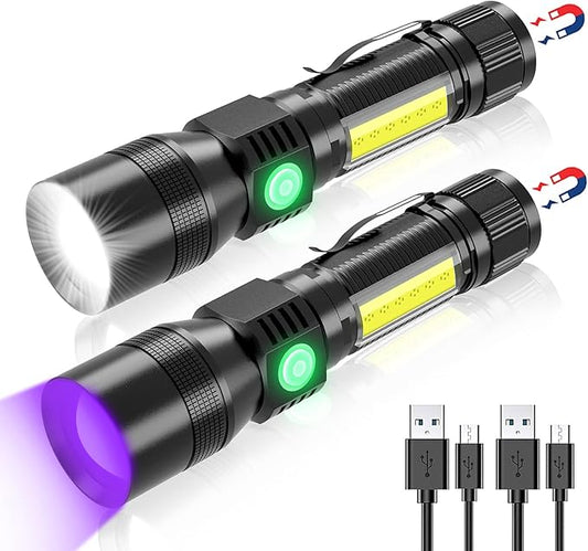 3-in-1 Super Bright Black Light Flashlight, 1200 Lumens, 7 Modes, Zoomable, IPX6 Waterproof, UV Light, Pet Clothing Detection, 2 Pack