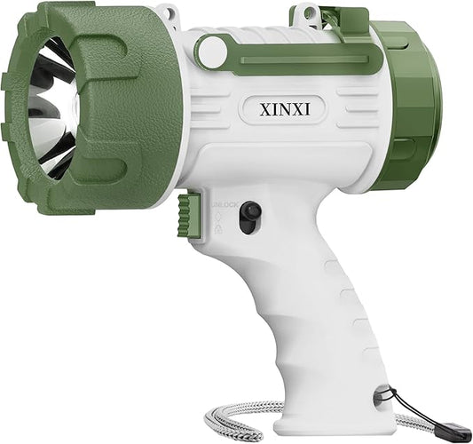 XINXI Waterproof Rechargeable Spotlight Flashlight, 10,000 Lumens Handheld Spotlight with Red Filter & Adjustable Stand, 20Hrs Long Running Spot Light for Boating, Hunting, Fishing (White)