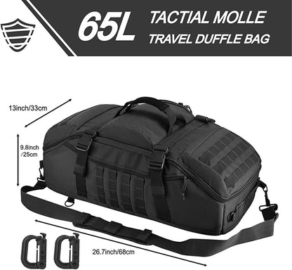 Travel Gym Duffle Bag Tactical, for Men Women Multi-functional Backpack,3 in 1 Shoulder Bag Backpack Handbag for Sports Hiking Camping, Water Resistant & Easy Clean (Black, 65L)