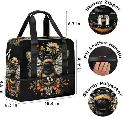 Sports Gym Bag Retro Bee Flower Travel Duffel Bag Waterproof Lightweight Swim Bag Travel Tote Luggage Weekender Overnight Handbag Workout Bag with Shoes Compartment for Women Men