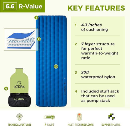 ATEPA Backpacking Sleeping Pad, 6.6 R-Value Insulated Ultralight Inflatable Sleeping Pad Thick Folding Camping Mattress with 7 Layers & Storage Bag for Camping Backpacking, Wide Long Size (78"x27")