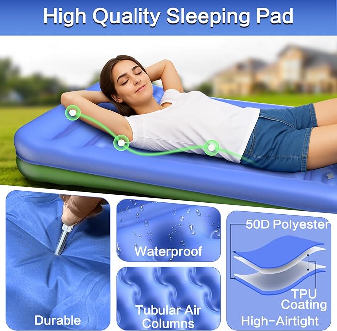 5-Inch Thick Double Sleeping Pad for Camping - Self-Inflating 2 Person Camping Mattress with Built-in Foot Pump, Insulated Inflatable Camping Mat for Backpacking, Hiking, Tents & Winter