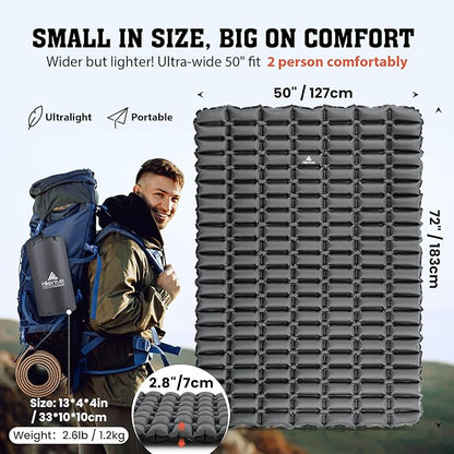 Hikenture Ultralight Double Sleeping Pad, Camping Mattress 2 Person for Backpacking, Hiking,Compact&Inflatable Outdoor Air Mat