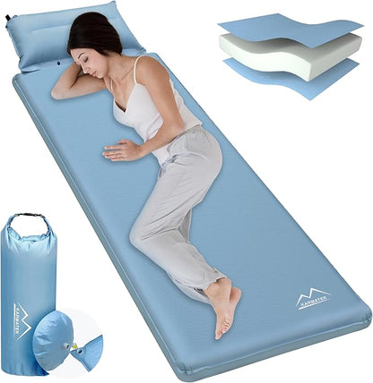 Self Inflating Sleeping Pad for Camping - Thick Camping Pad with Pillow & Inflatable Bag, 9.5 R-Value Insulated Camping Mattress Pad for Car Camping Backpacking Hiking Camping Mat