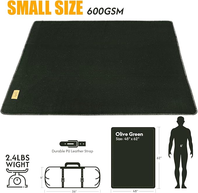 100% Wool Blanket, 48" x 62", Warm, Thick, Washable, Military Wool Blanket, Great for Camping, Outdoors, Sporting Events, Survival Kits